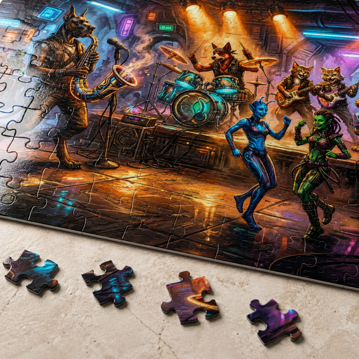 Closeup Cantina of Chaos puzzle showing a neon spaceport tavern with pet musicians, alien dancers, glowing lights, and retro-future sci-fi artwork