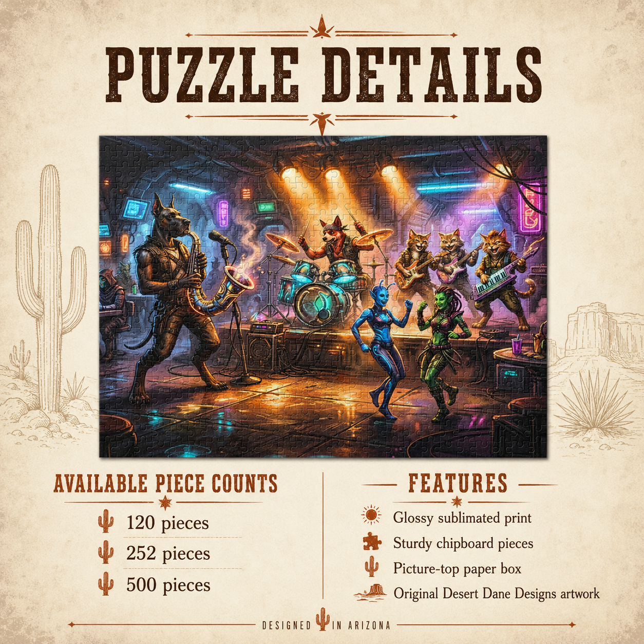 Puzzle details graphic for Cantina of Chaos jigsaw puzzle showing 120, 252, and 500 piece options with glossy sublimated print and sturdy chipboard pieces
