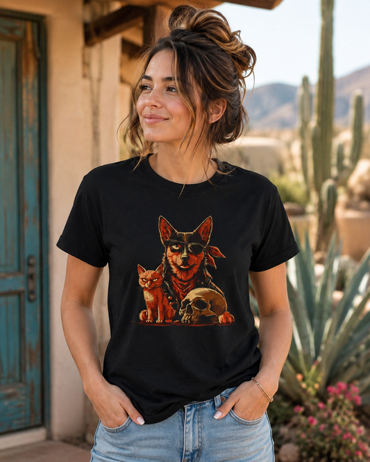 Woman wearing a black tee featuring a dog and cat design outdoors.