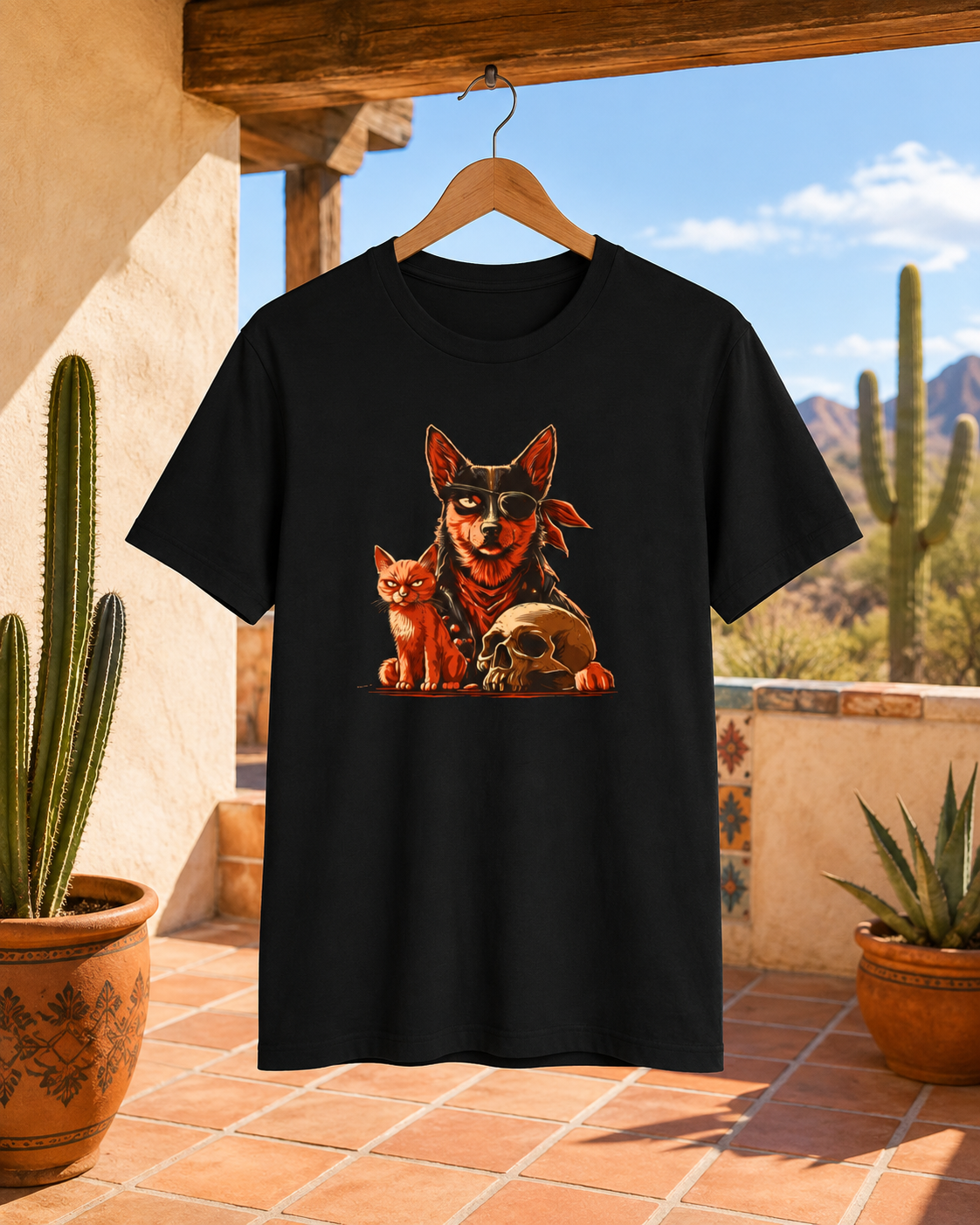 Black tee with a dog and cat design hanging on a wooden beam.