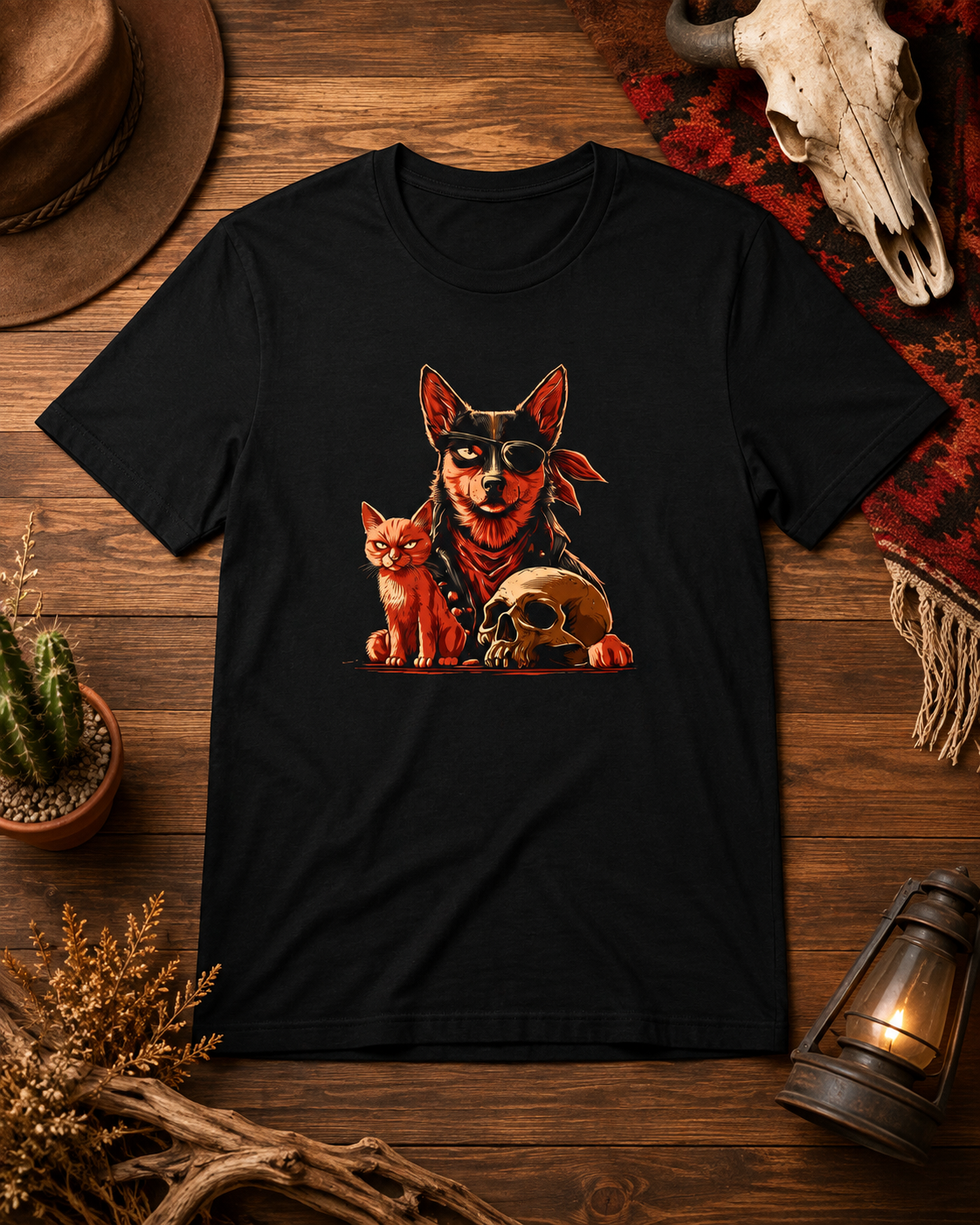Black t-shirt laid on a wooden table with a dog and cat graphic.