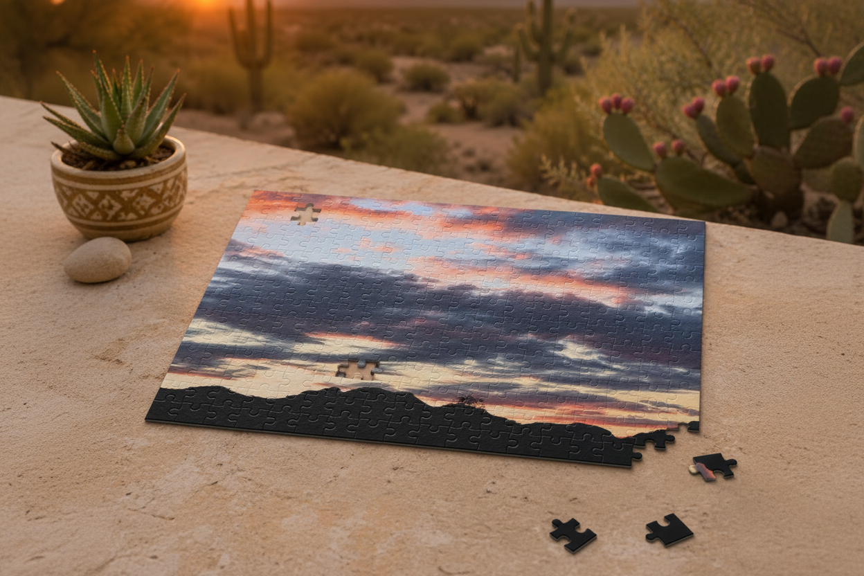 Tonto National Forest sunrise jigsaw puzzle with coral clouds over Arizona desert mountain silhouettes