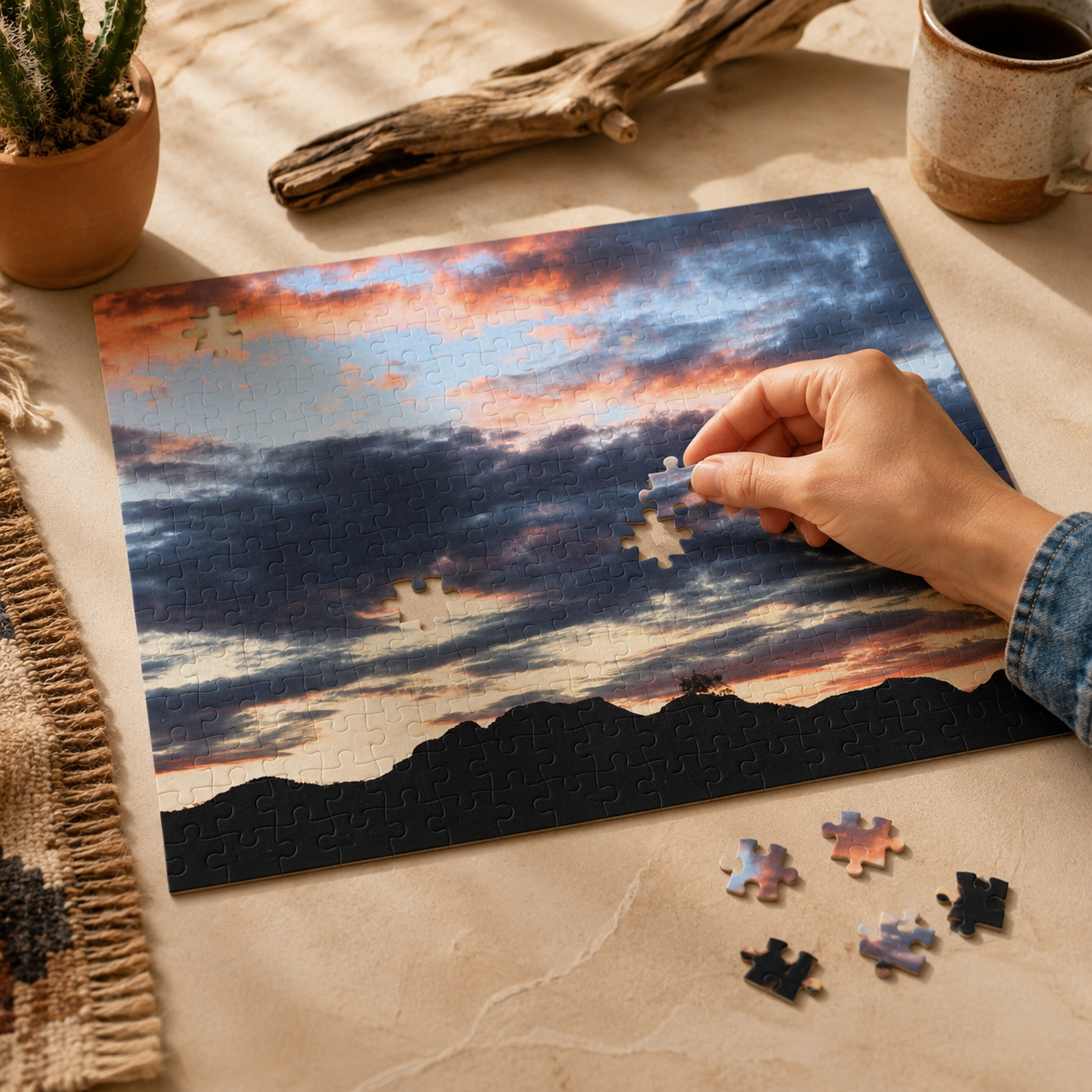 Partially assembled Tonto National Forest sunrise puzzle with loose chipboard pieces and desert sky artwork