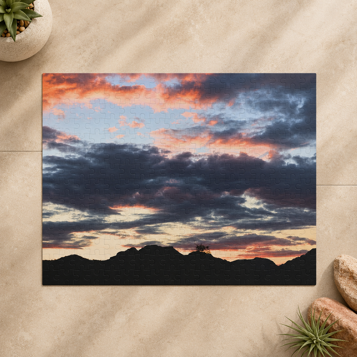 Completed Arizona cloudscape jigsaw puzzle featuring a Tonto National Forest sunrise after the rain