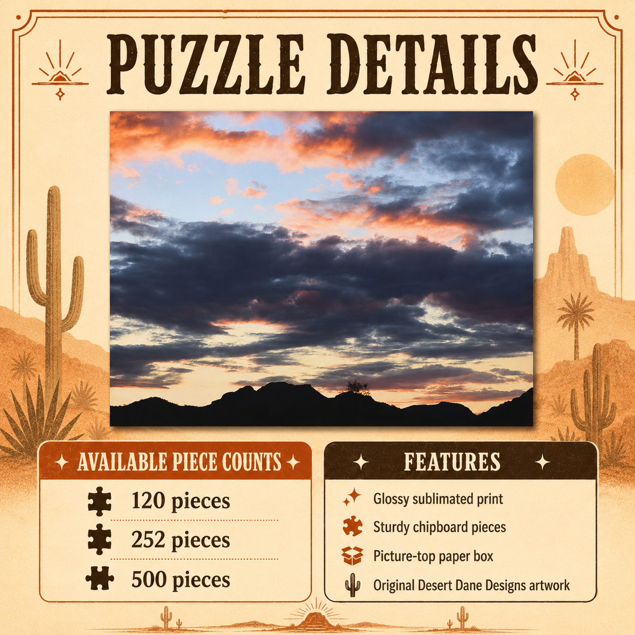 Puzzle details graphic for Arizona cloudscape jigsaw puzzle showing 120, 252 and 500 piece options