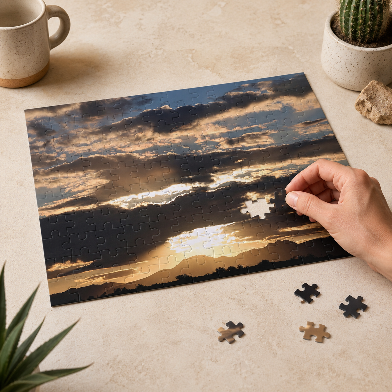 Tonto National Forest sunrise jigsaw puzzle with golden clouds and Arizona desert mountain silhouettes