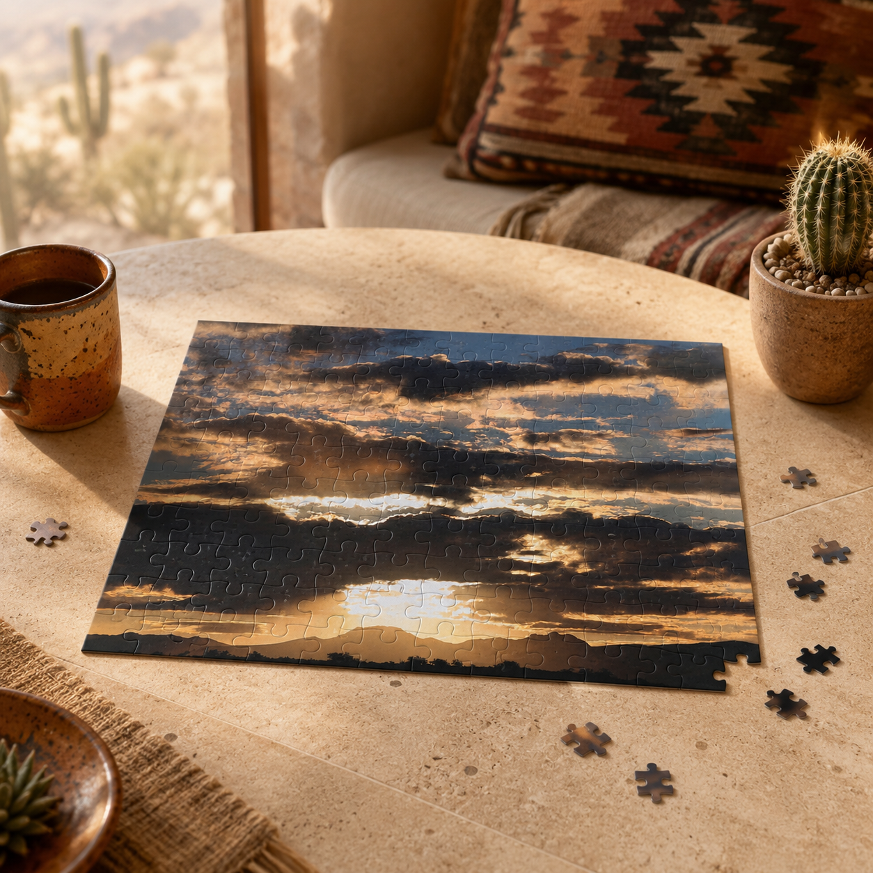 Arizona desert landscape photo puzzle with glossy chipboard pieces and Tonto National Forest sunrise artwork on a table