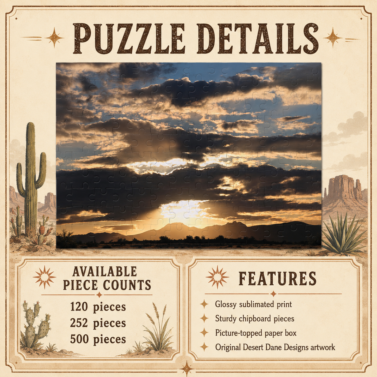 Desert landscape with sunset and cactus, featuring puzzle details on a decorative border.