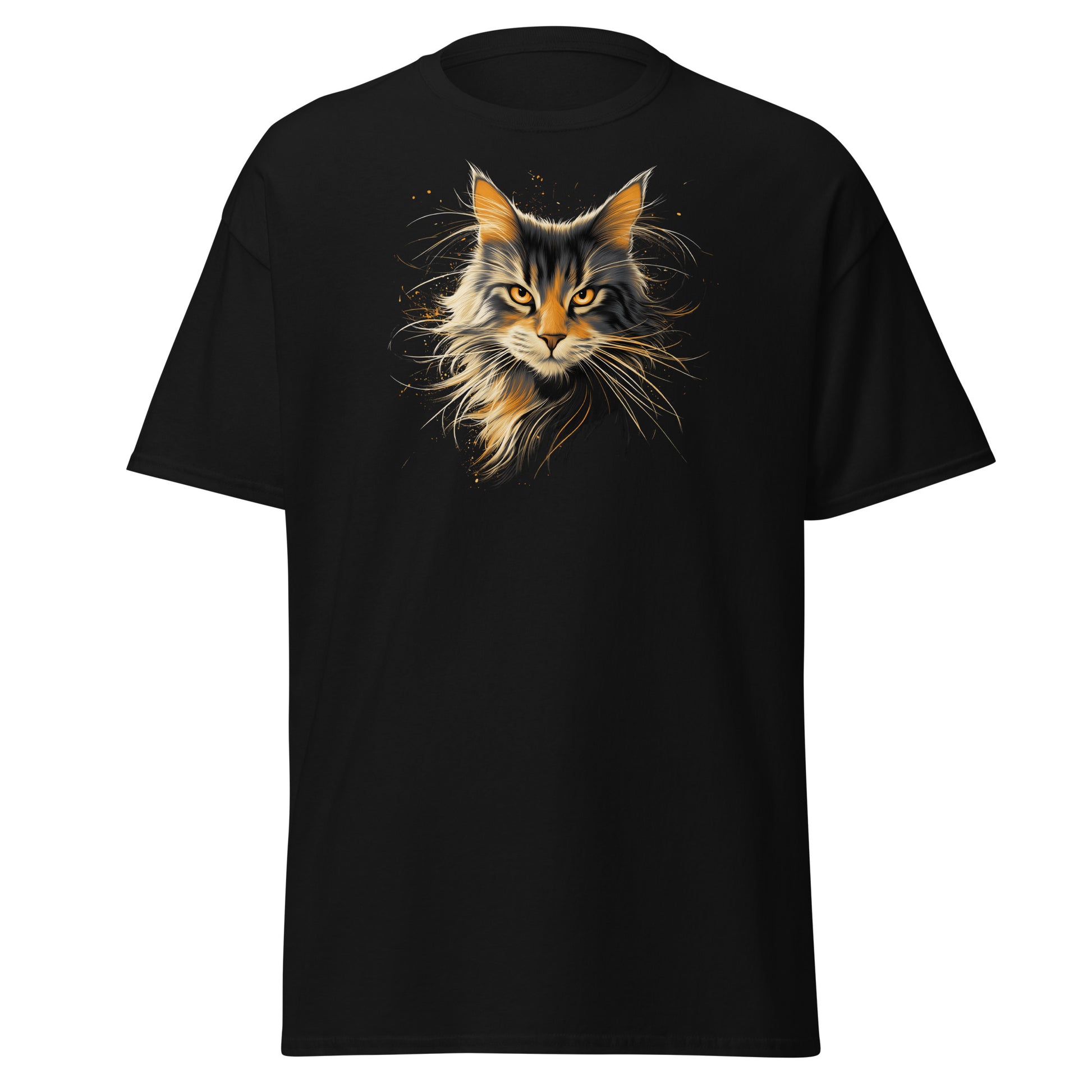 Neighborhood Feral Messenger Shirt with long-haired feral cat portrait and glowing gold detail on black tee
