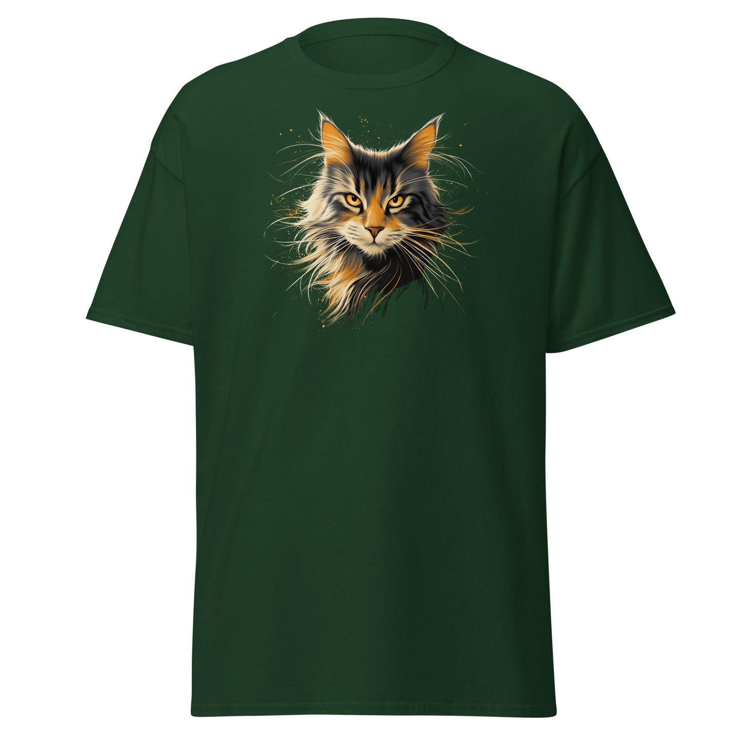 Neighborhood Feral Messenger Shirt with long-haired feral cat portrait and glowing gold detail on green tee