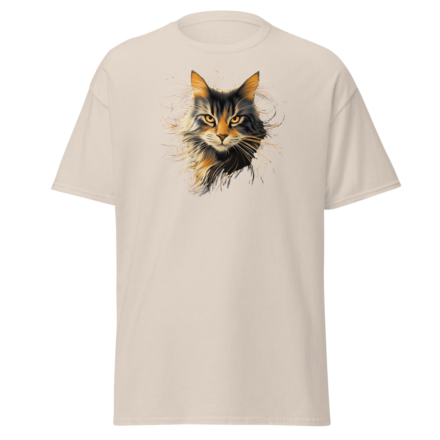 Neighborhood Feral Messenger Shirt with long-haired feral cat portrait and glowing gold detail on natural tee
