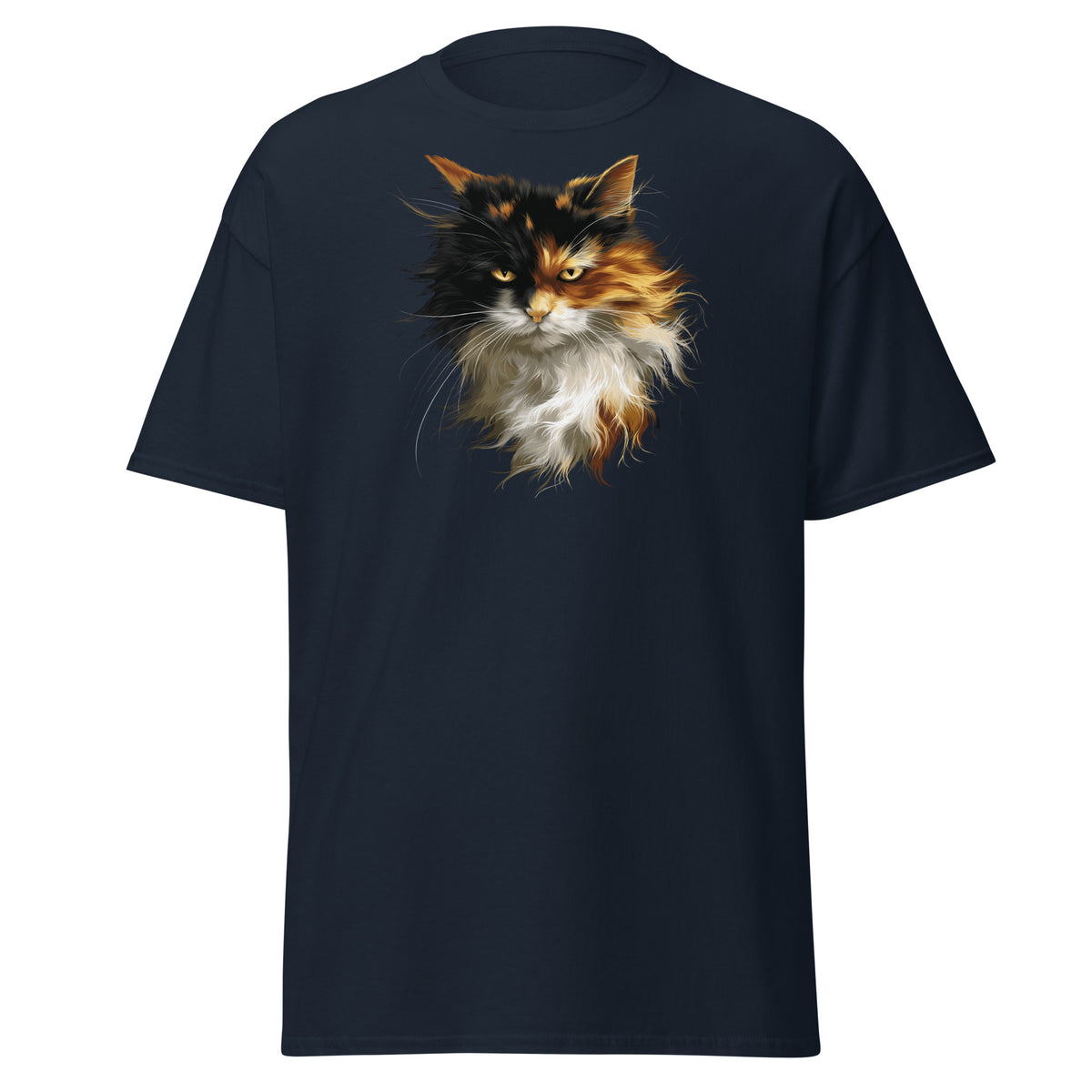 Long Hair Long Life Calico Shirt featuring a long-haired calico cat portrait on a navy tee