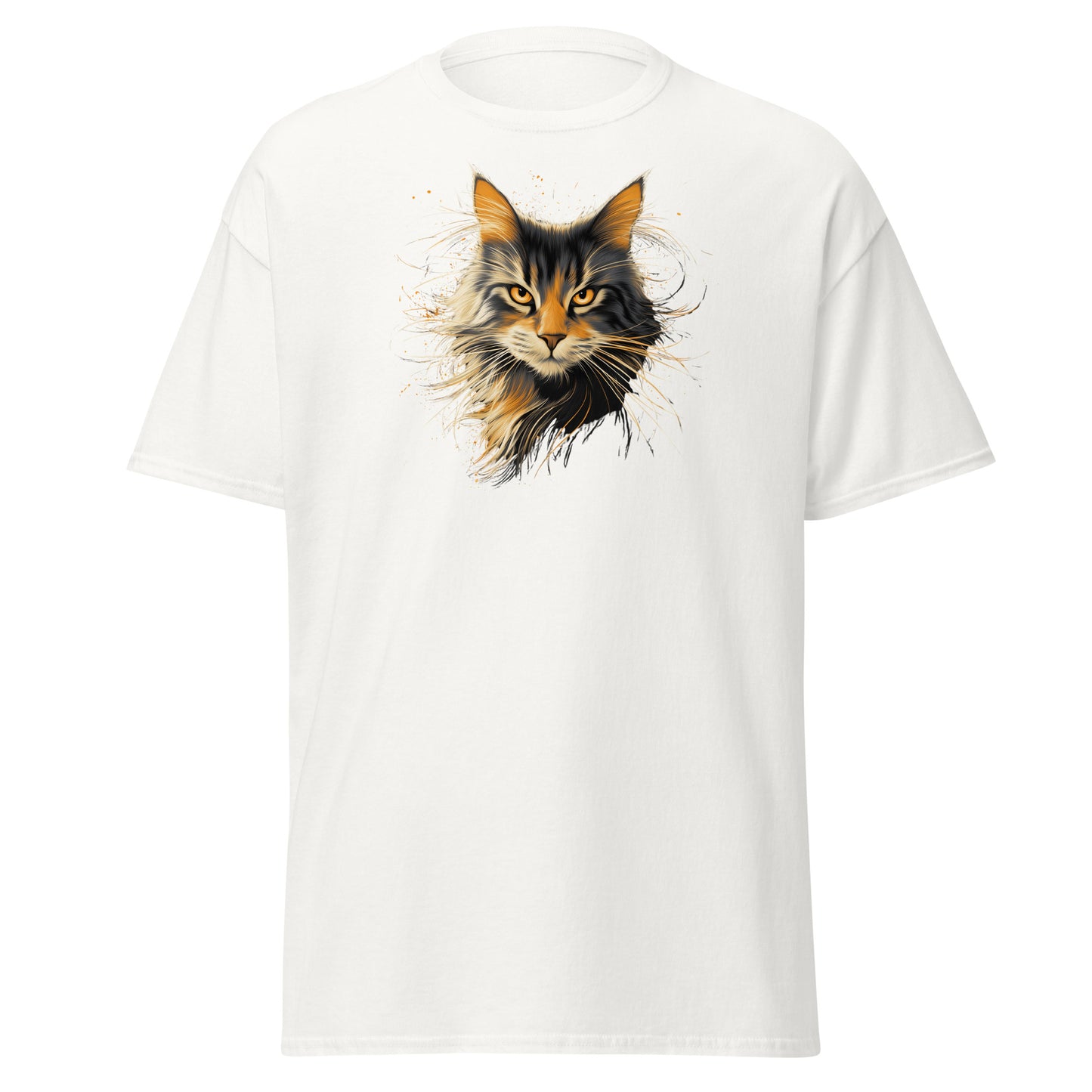 Neighborhood Feral Messenger Shirt with long-haired feral cat portrait and glowing gold detail on white tee