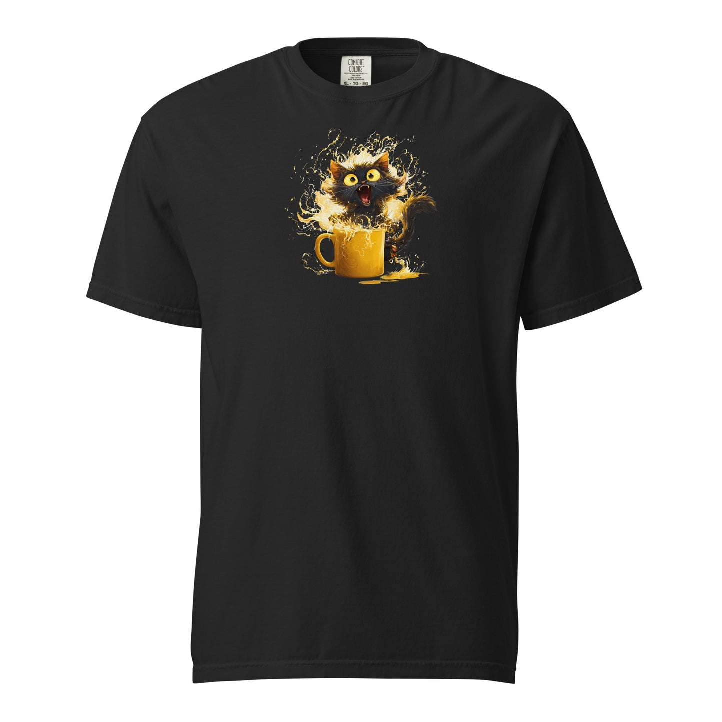 Black short-sleeve t-shirt with a graphic of a black kitten bursting from a yellow mug with orange and white splashes.