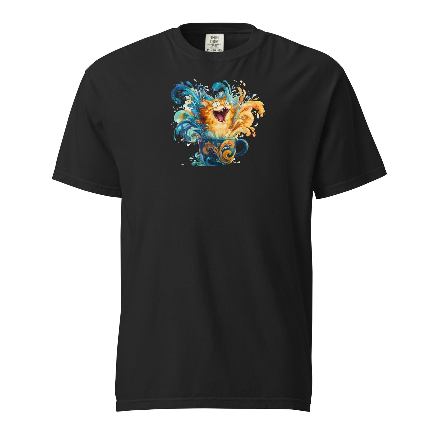 Black t-shirt with a ginger tabby bursting through a spray of bright blue and orange colors of chaos in a mug.