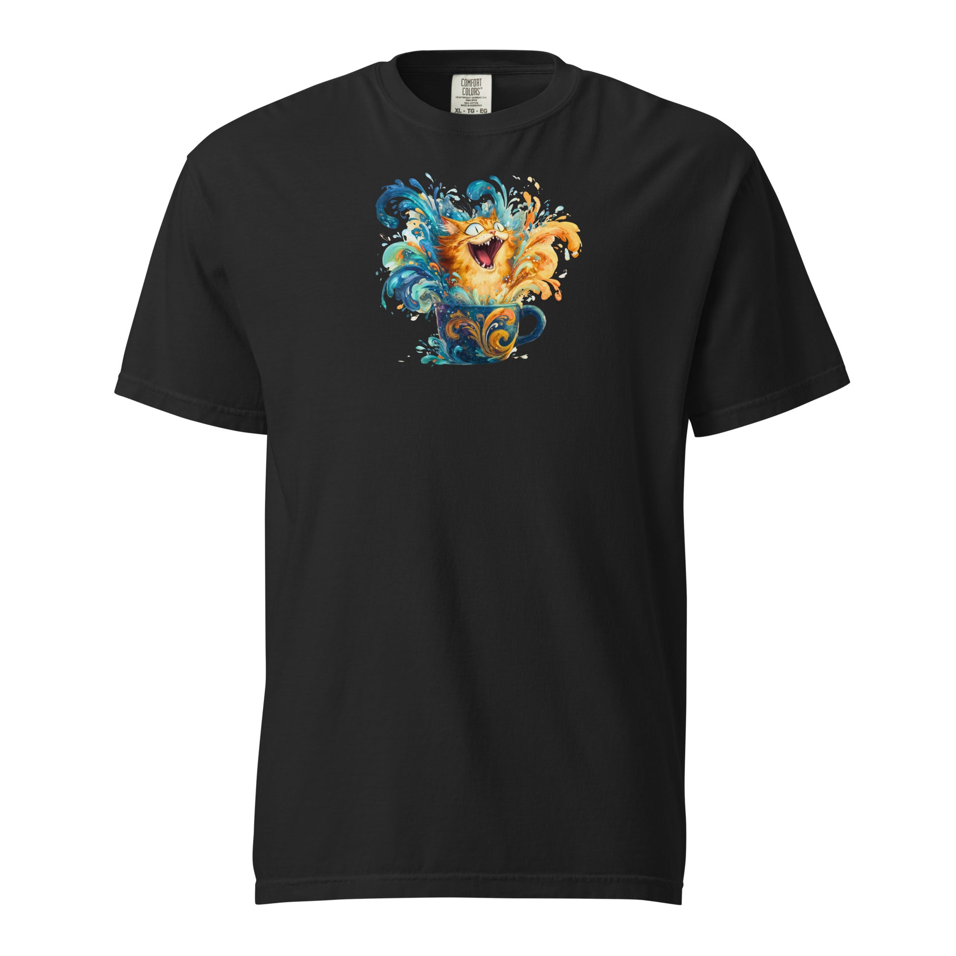 Black t-shirt with a ginger tabby bursting through a spray of bright blue and orange colors of chaos in a mug.