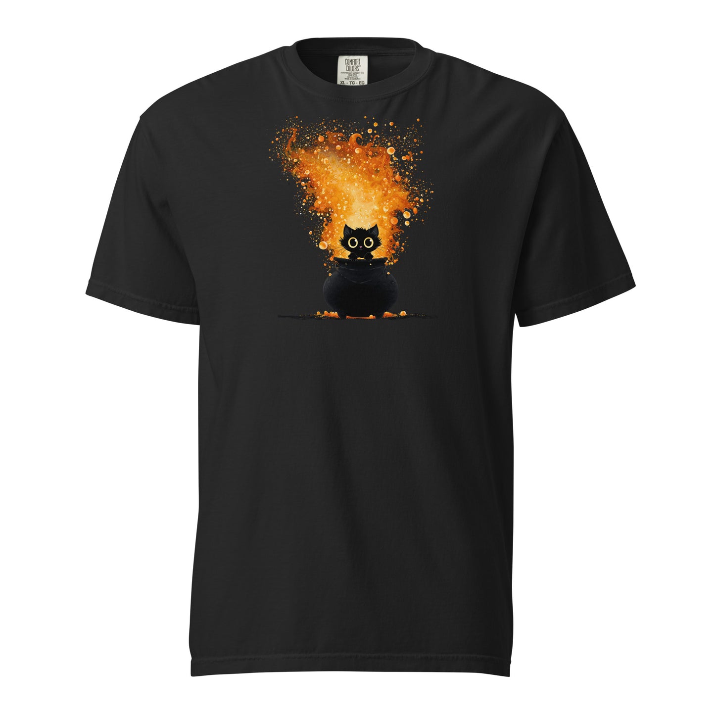 A black T-shirt with a black kitten sitting in a caldron of a bright orange and yellow fire. 