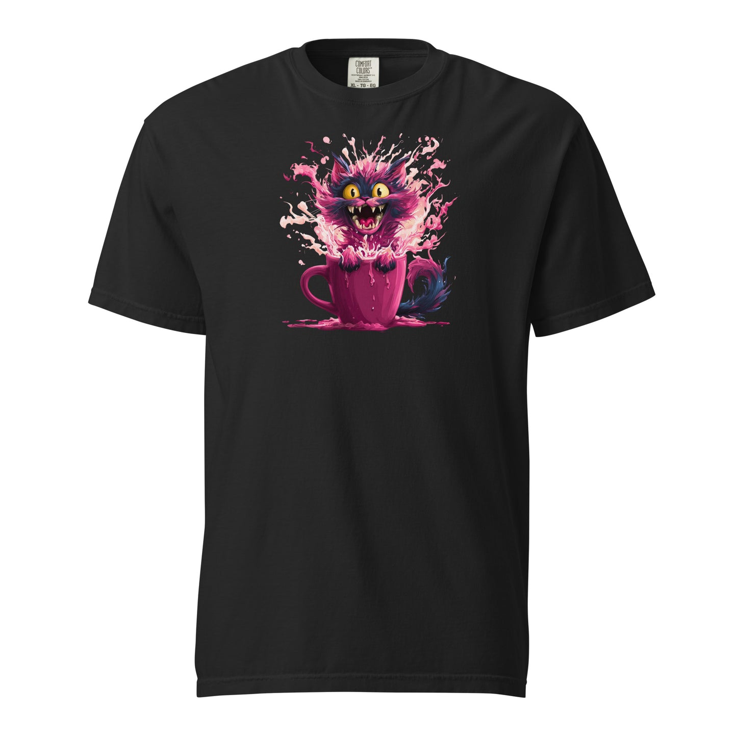A black t-shirt with a mischievous kitten launching itself out of a pink mug in a burst of vibrant color of chaos.