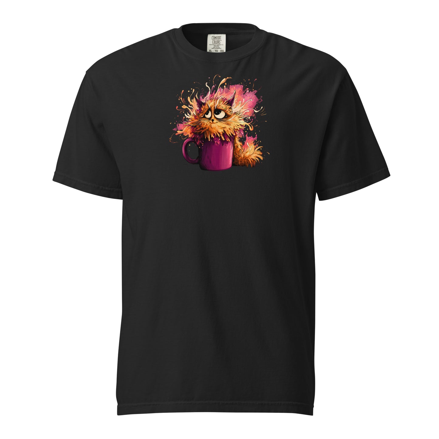 a black t-shirt with a colorful graphic of a cat in a purple mug surrounded by chaos.