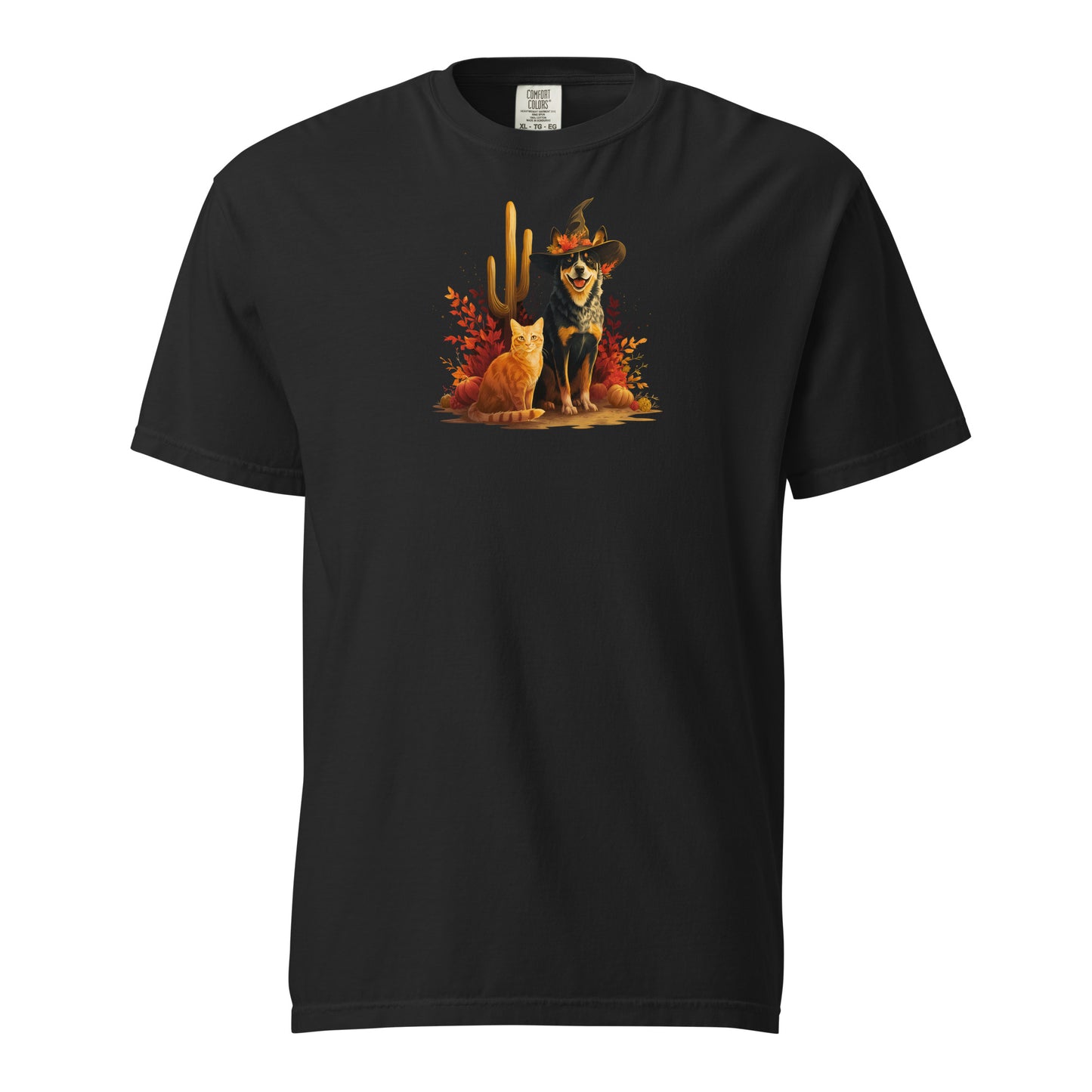 Black t-shirt with colorful graphic of a orange cat and heeler in a witch hat desert autumn leaves and cacti.