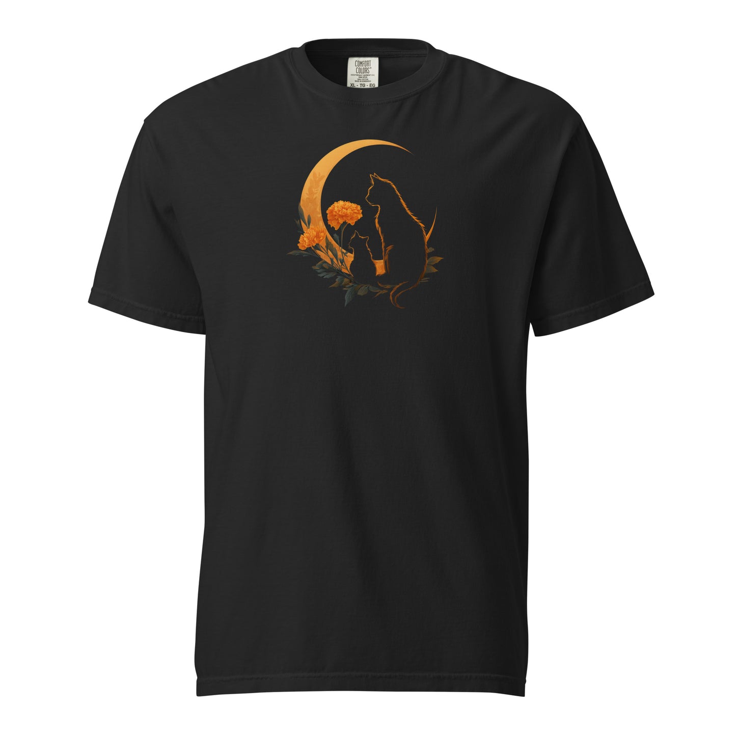 Black t-shirt design with two silhouetted cats and a crescent moon and flowers