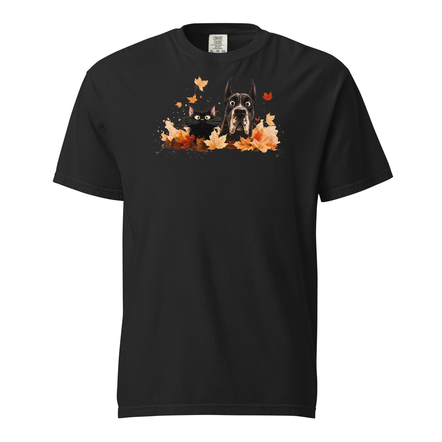 Black t-shirt with a Great Dane, black cat and autumn leaves design