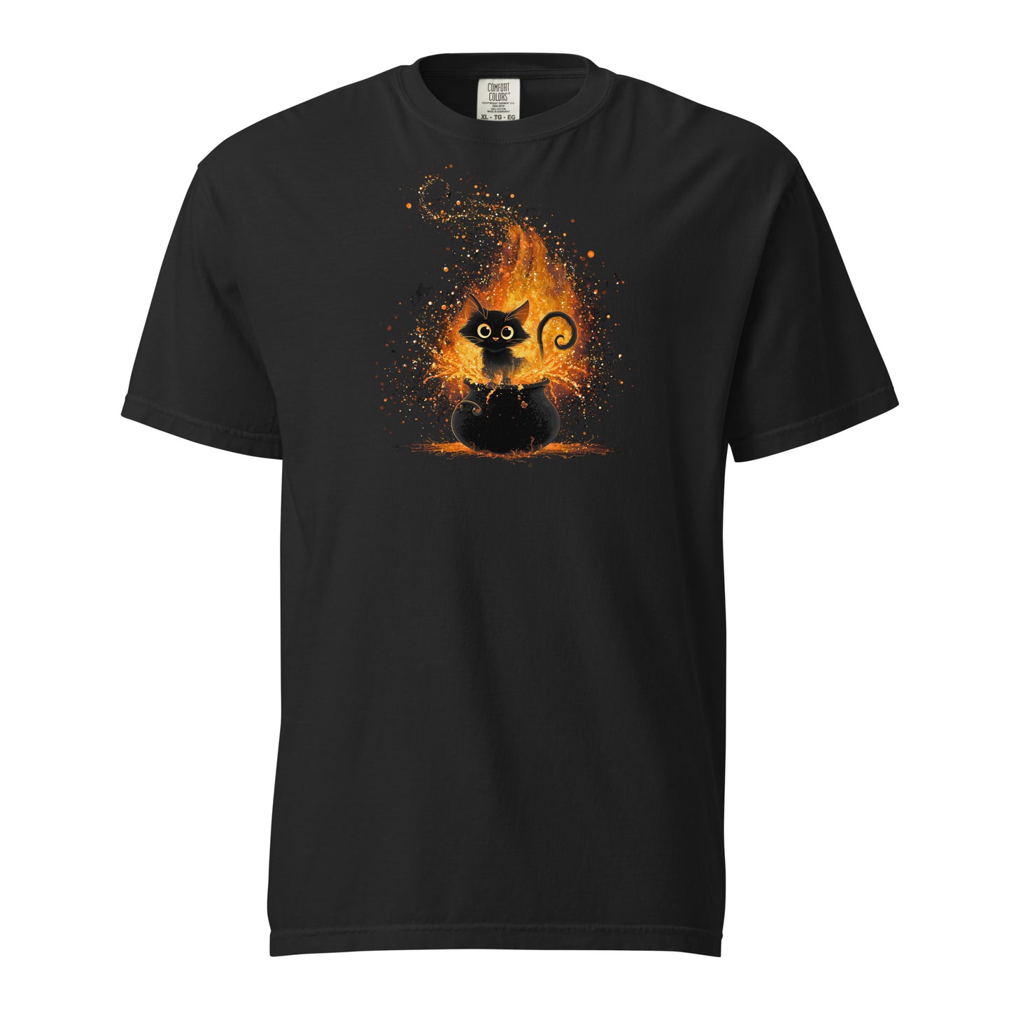 A black crewneck t-shirt with a little black cat and a bubbling cauldron of trouble. 