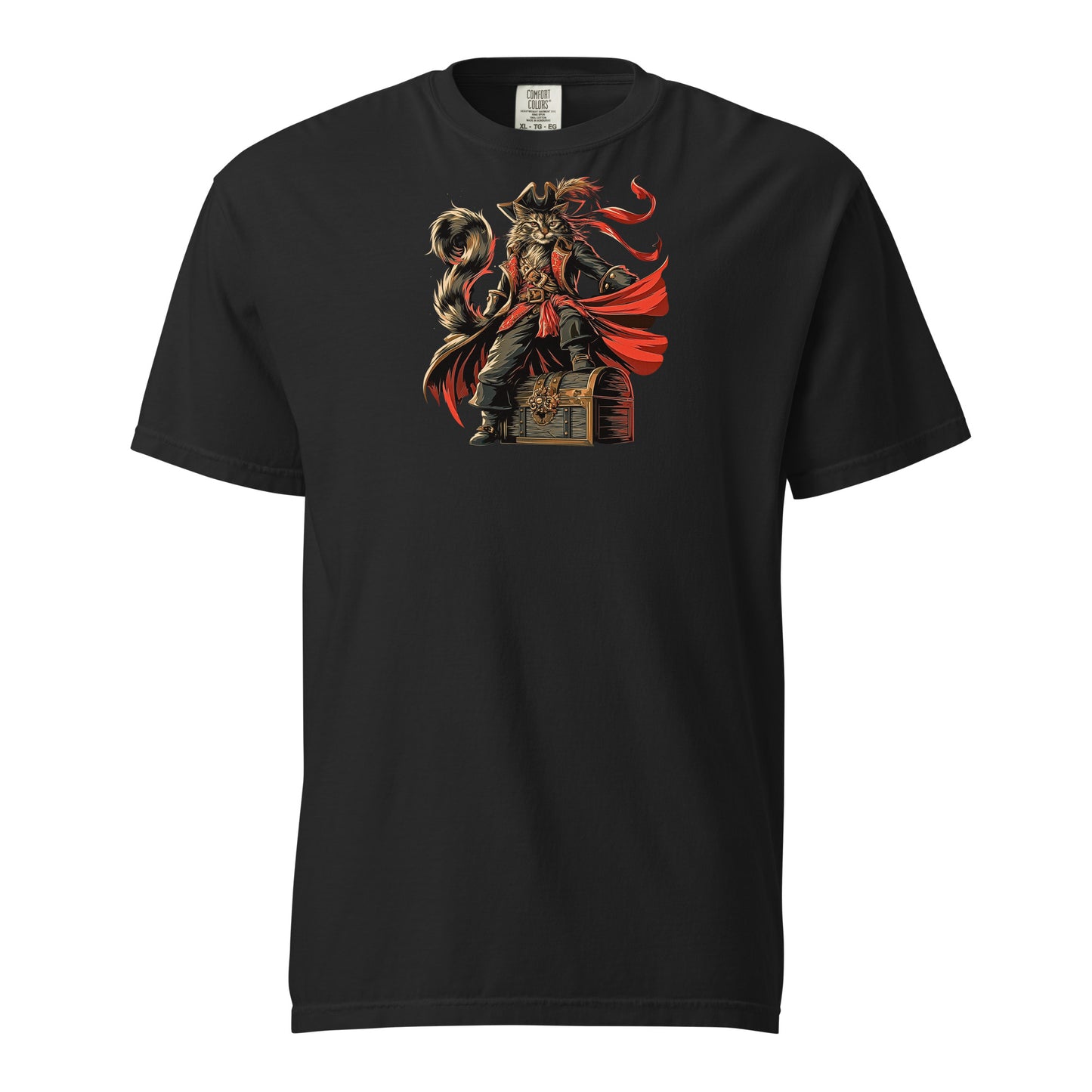 Black tee featuring a pirate dog design standing on a treasure chest
