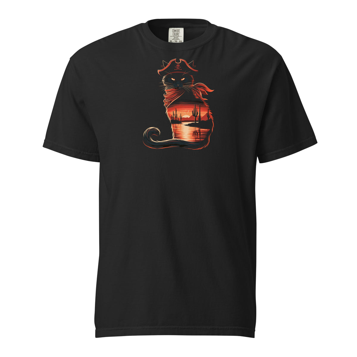 Black t-shirt displaying a pirate cat graphic with a sunset and cacti.