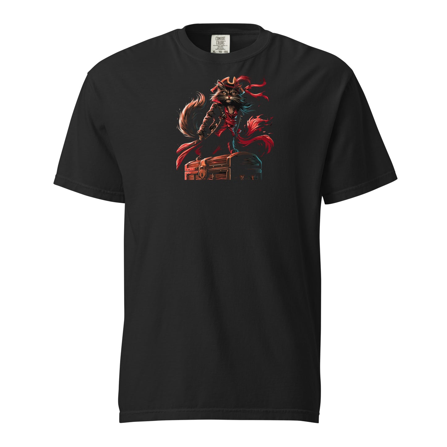 Black t-shirt with a pirate cat graphic standing on a treasure chest