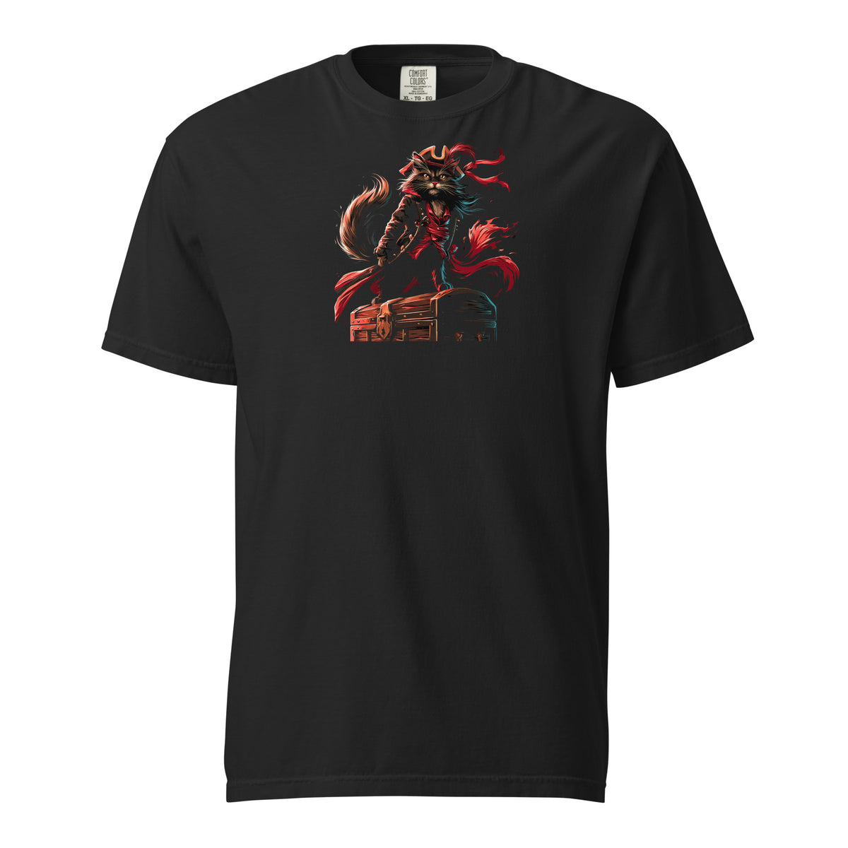 Black t-shirt with a pirate cat graphic standing on a treasure chest