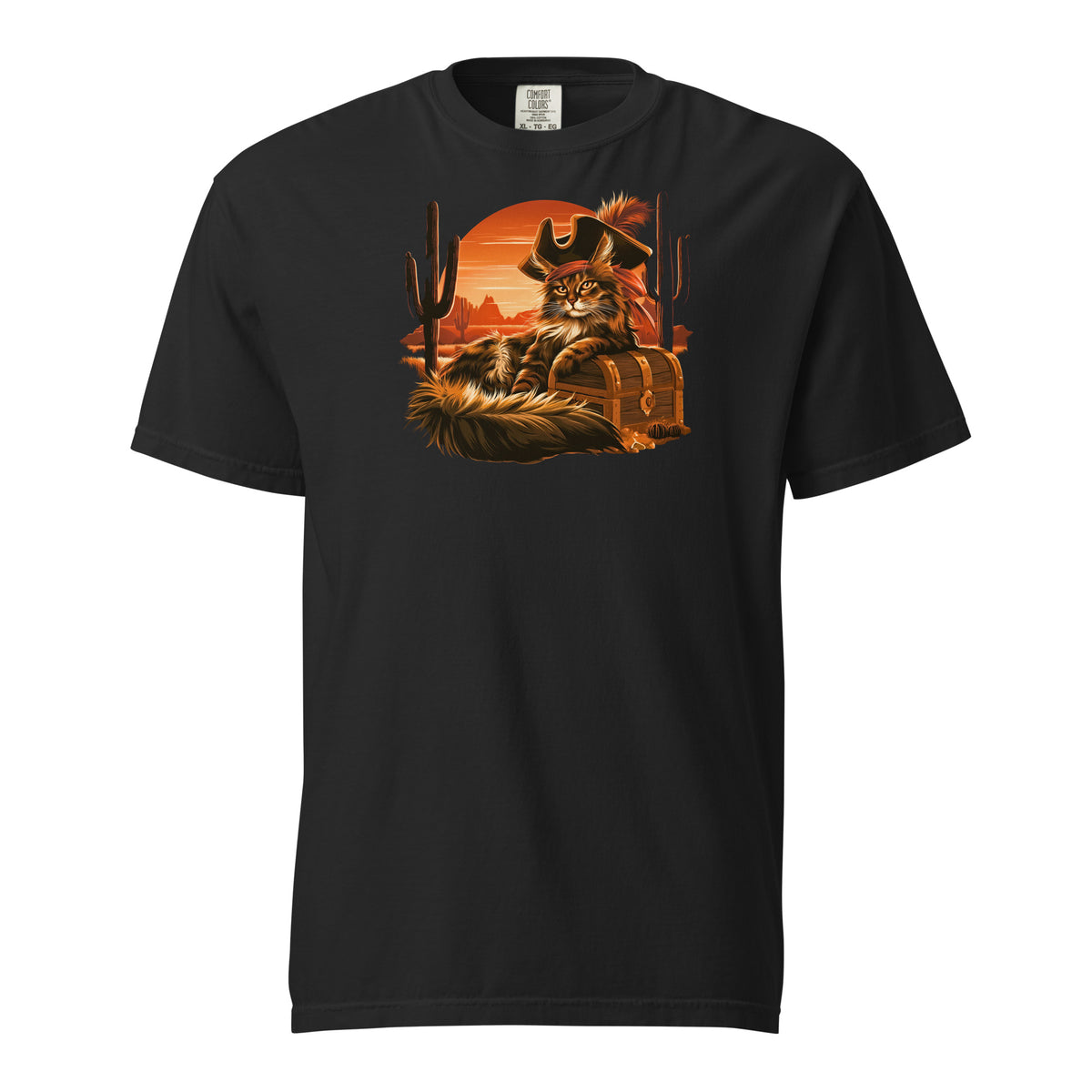 Black tee featuring a cat pirate design with a sunset and cacti.