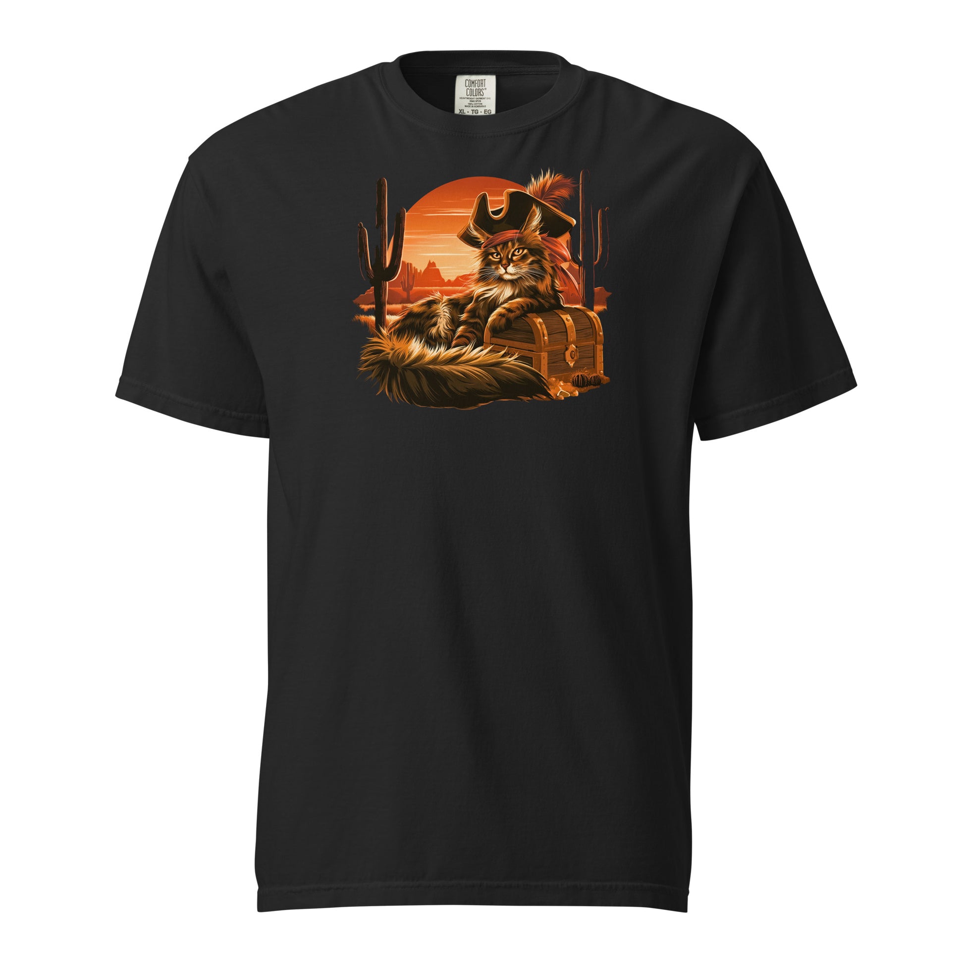 Black tee featuring a cat pirate design with a sunset and cacti.