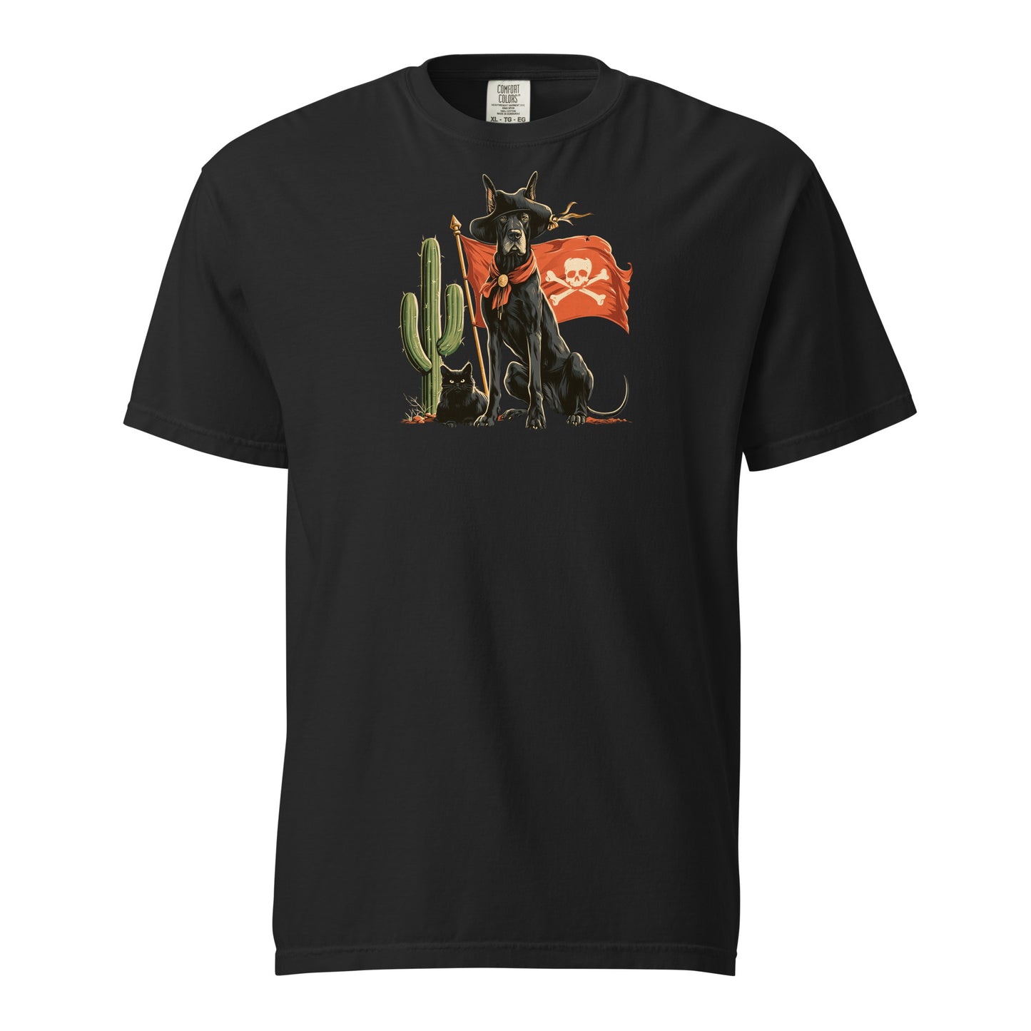 Black crew t-shirt featuring a dog with a pirate flag and a cactus