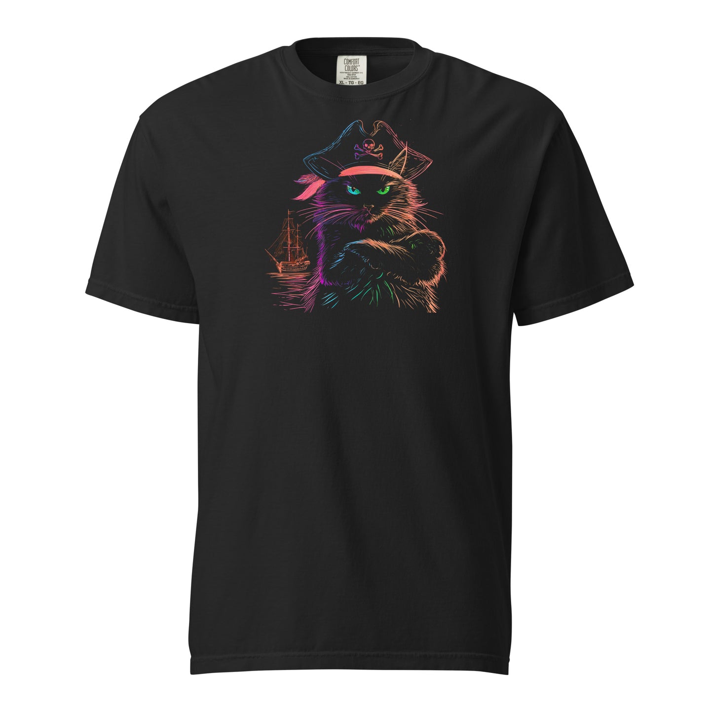 Black t-shirt featuring a colorful pirate cat design with a ship in the background