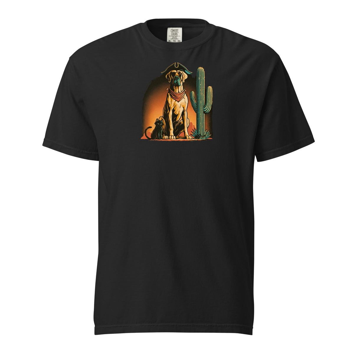 Black t-shirt displaying a graphic of a dog and cactus against a colorful background.
