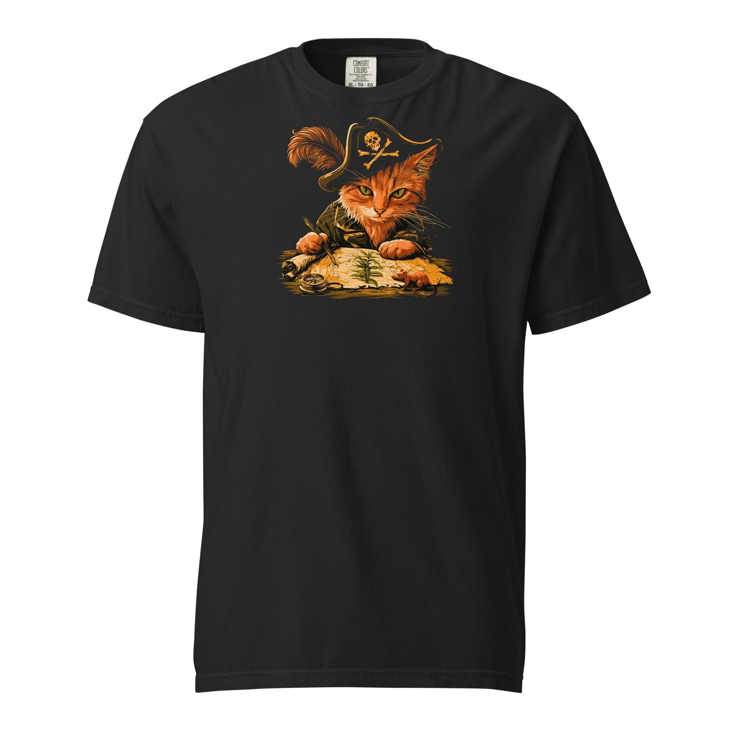 Black t-shirt displaying a pirate cat graphic on a plain background