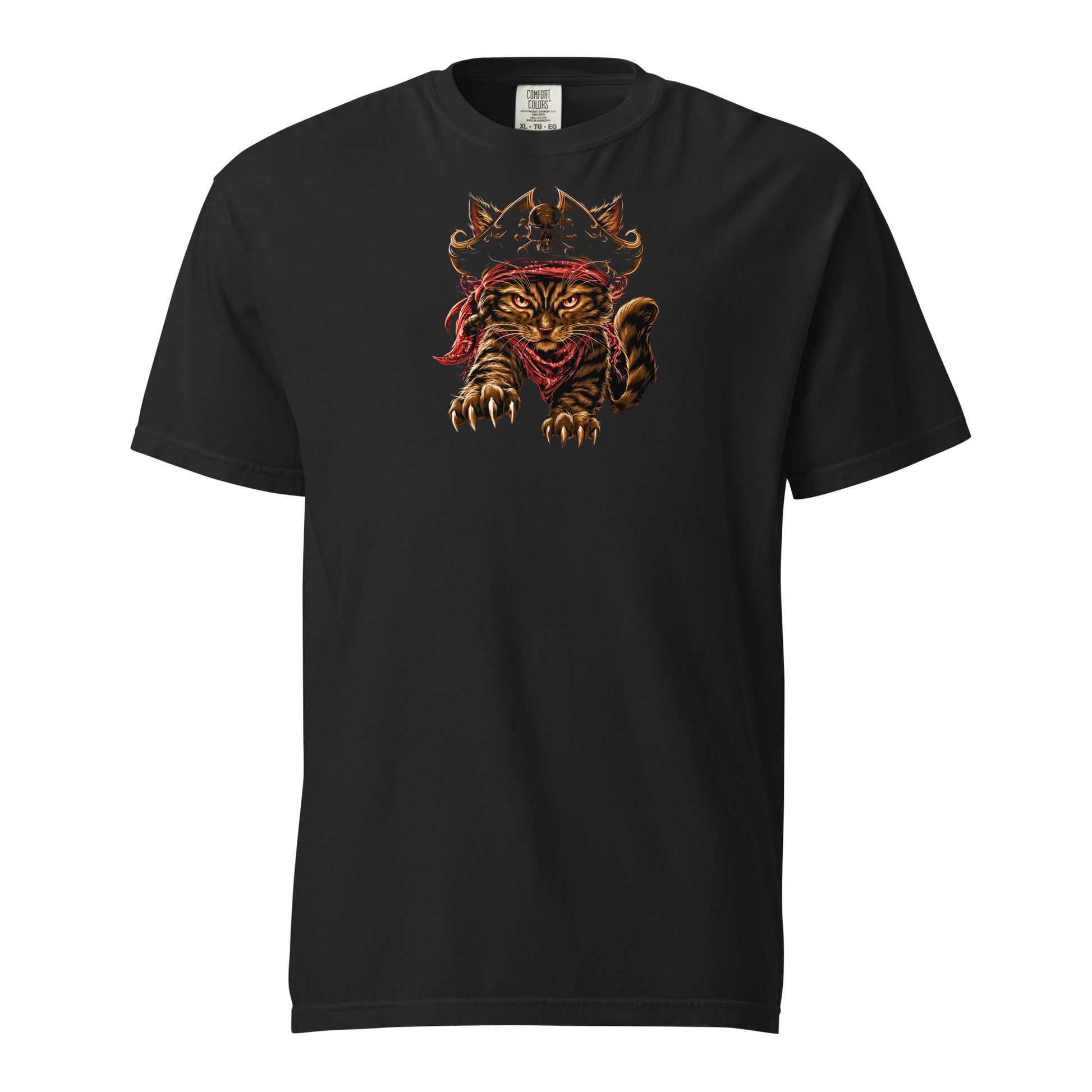 Black t-shirt featuring a pirate cat design with claws and a bandana