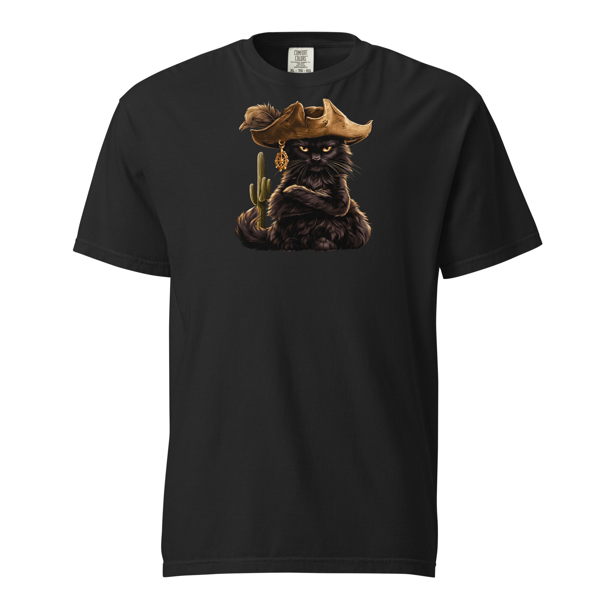 Black tee featuring a pirate cat graphic with a cactus