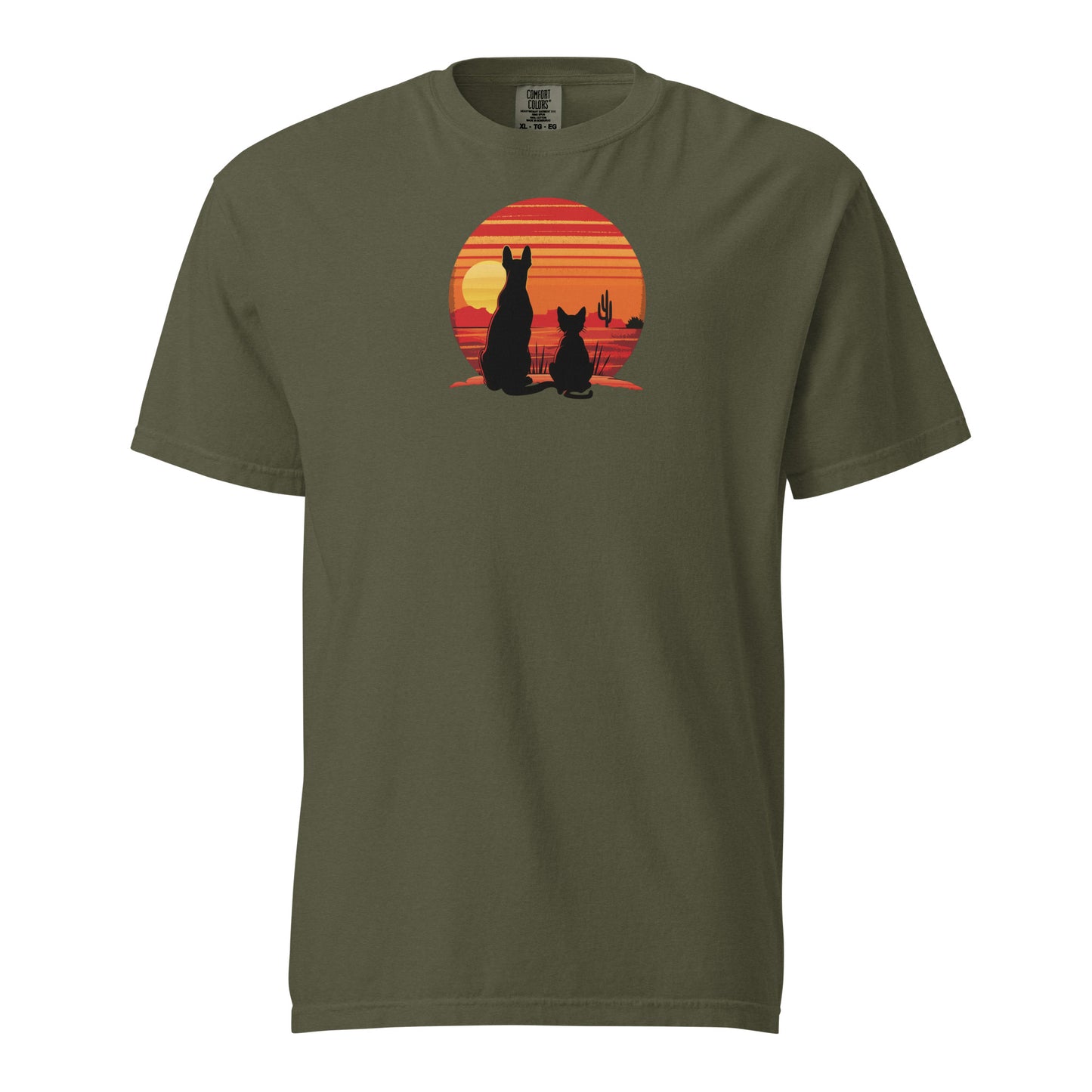 A green featuring a retro sunset graphic with dog and a black cat silhouette sitting in front of orange and red sun stripes.