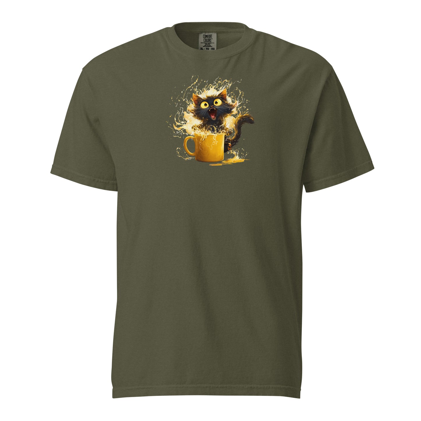 Green short-sleeve t-shirt with a graphic of a black kitten bursting from a yellow mug with orange and white splashes.