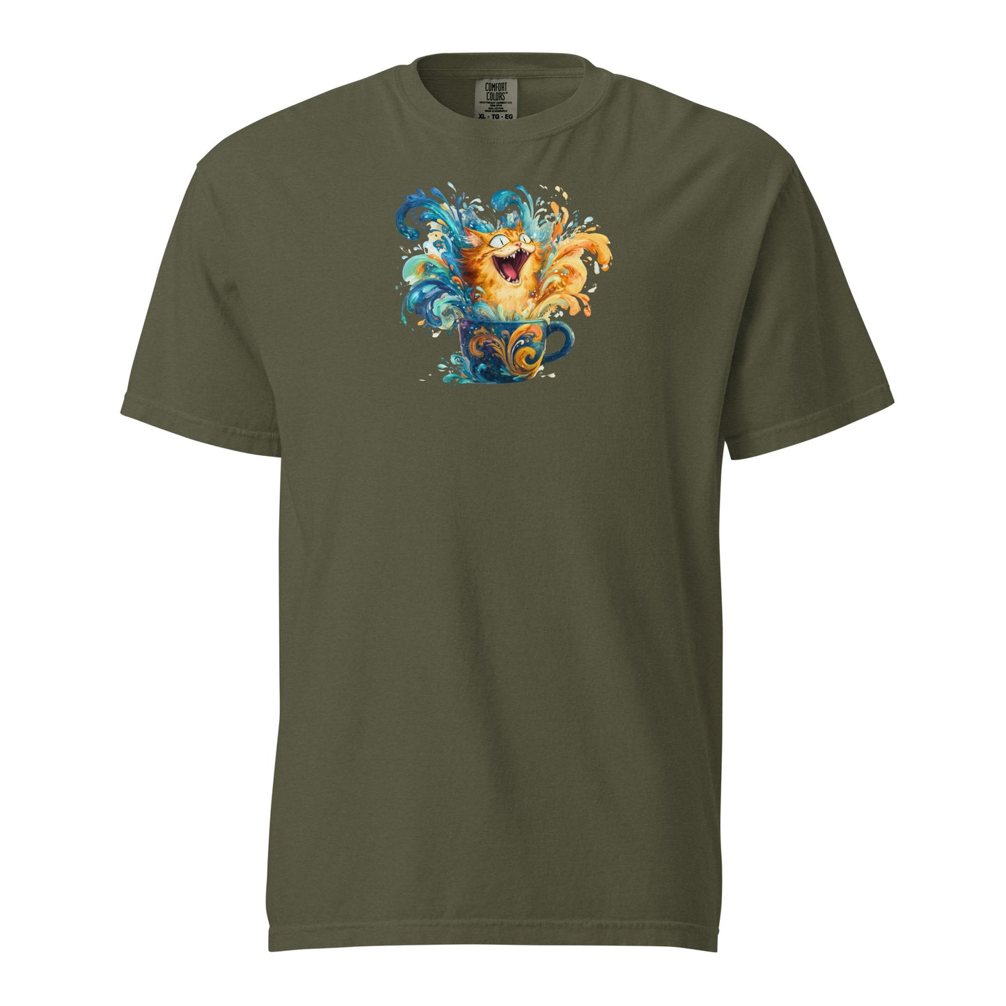 Green t-shirt with a ginger tabby bursting through a spray of bright blue and orange colors of chaos in a mug.