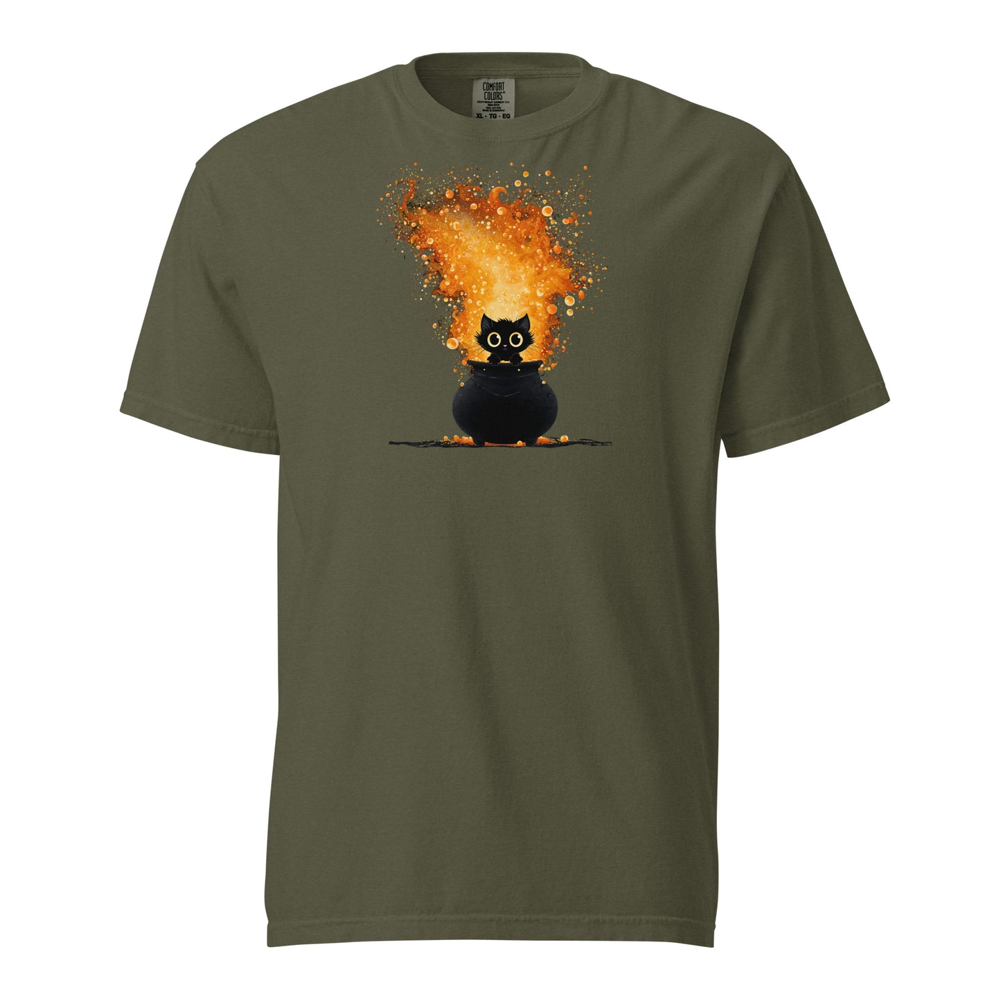 A green T-shirt with a black kitten sitting in a caldron of a bright orange and yellow fire. 