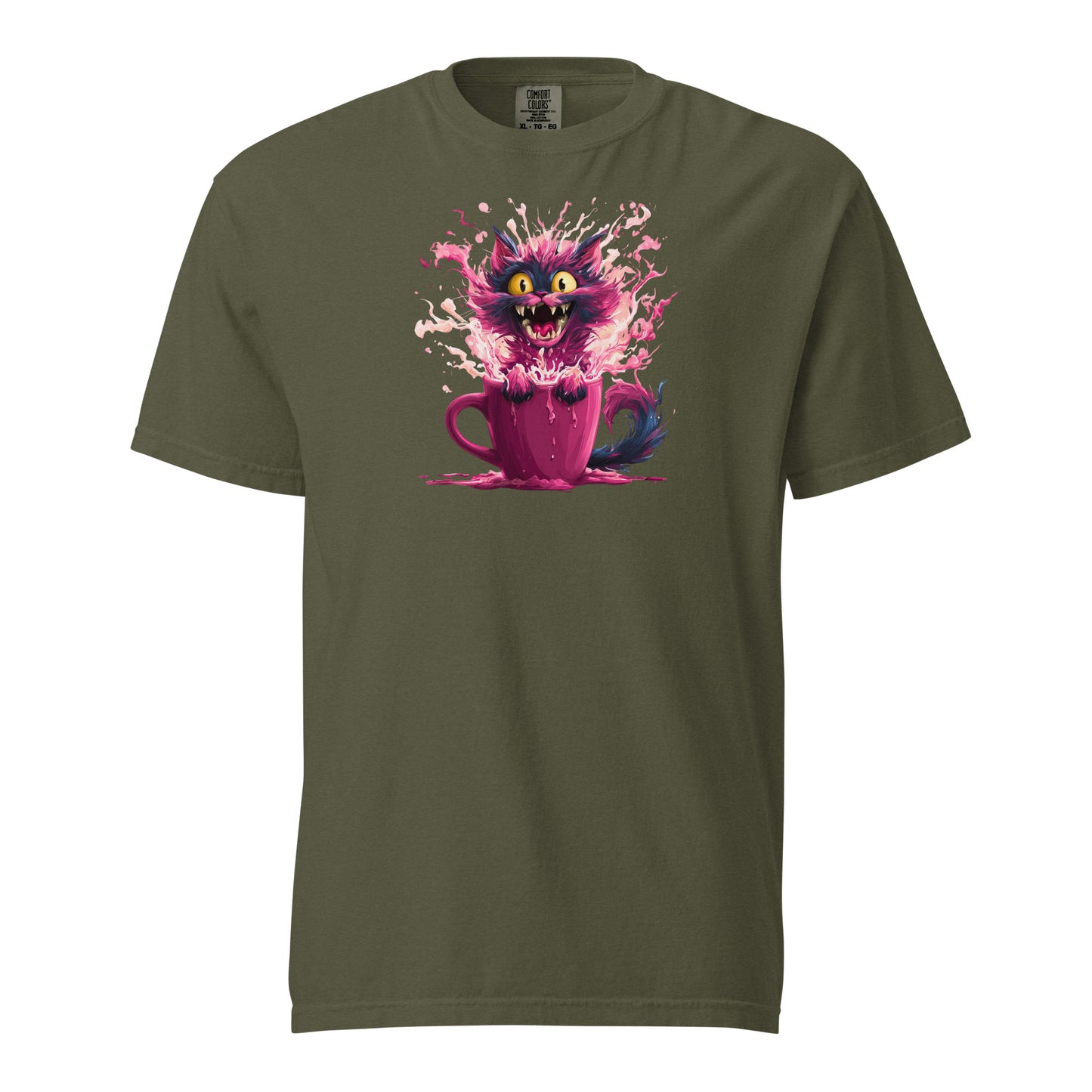 A green t-shirt with a mischievous kitten launching itself out of a pink mug in a burst of vibrant color of chaos.