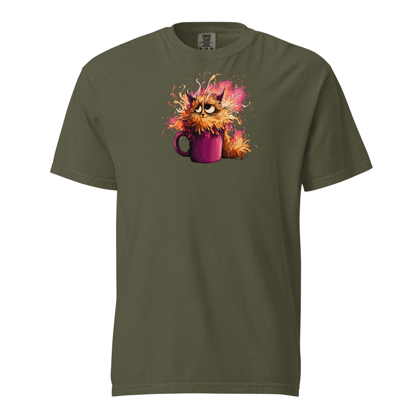 a green t-shirt with a colorful graphic of a cat in a purple mug surrounded by chaos.