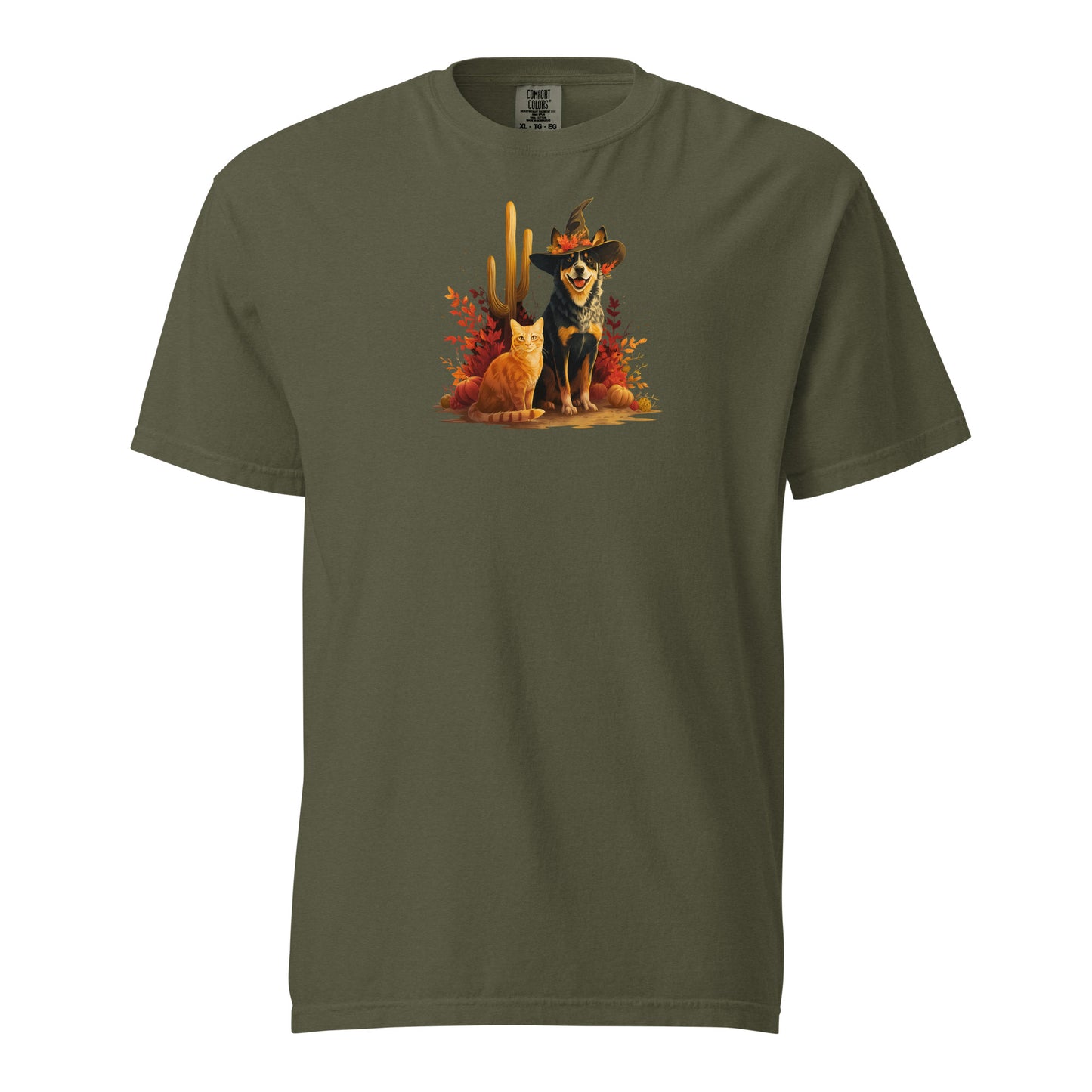 Green t-shirt with colorful graphic of a orange cat and heeler in a witch hat desert autumn leaves and cacti.