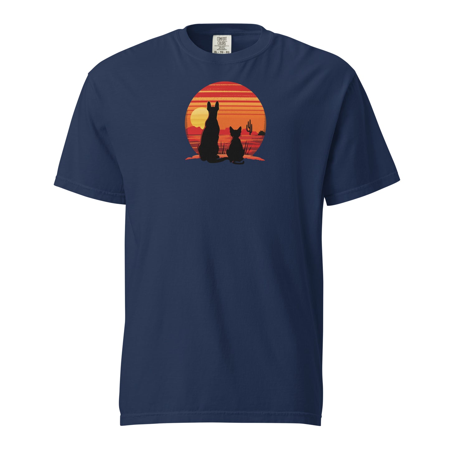 Navy shirt featuring a retro sunset graphic with dog and a black cat silhouette sitting in front of orange and red sun stripes.