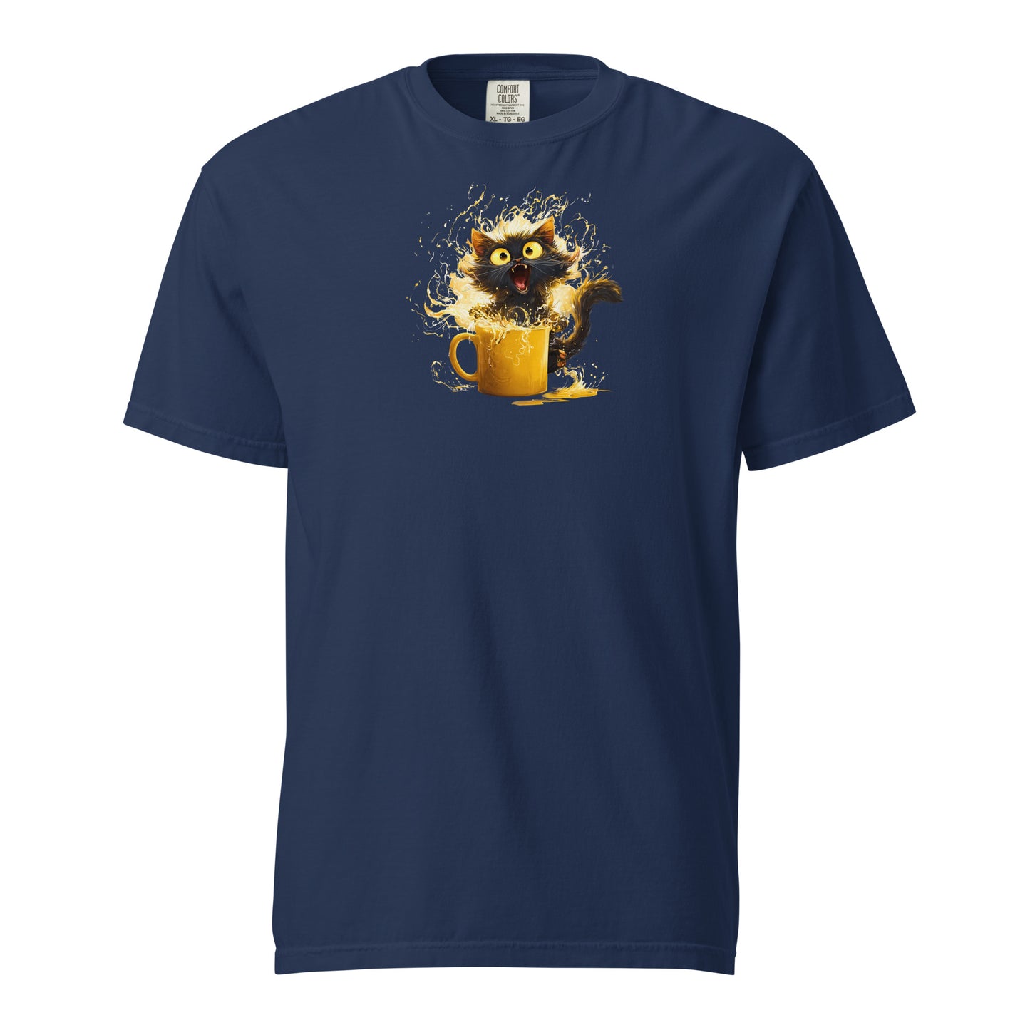 Navy short-sleeve t-shirt with a graphic of a black kitten bursting from a yellow mug with orange and white splashes.