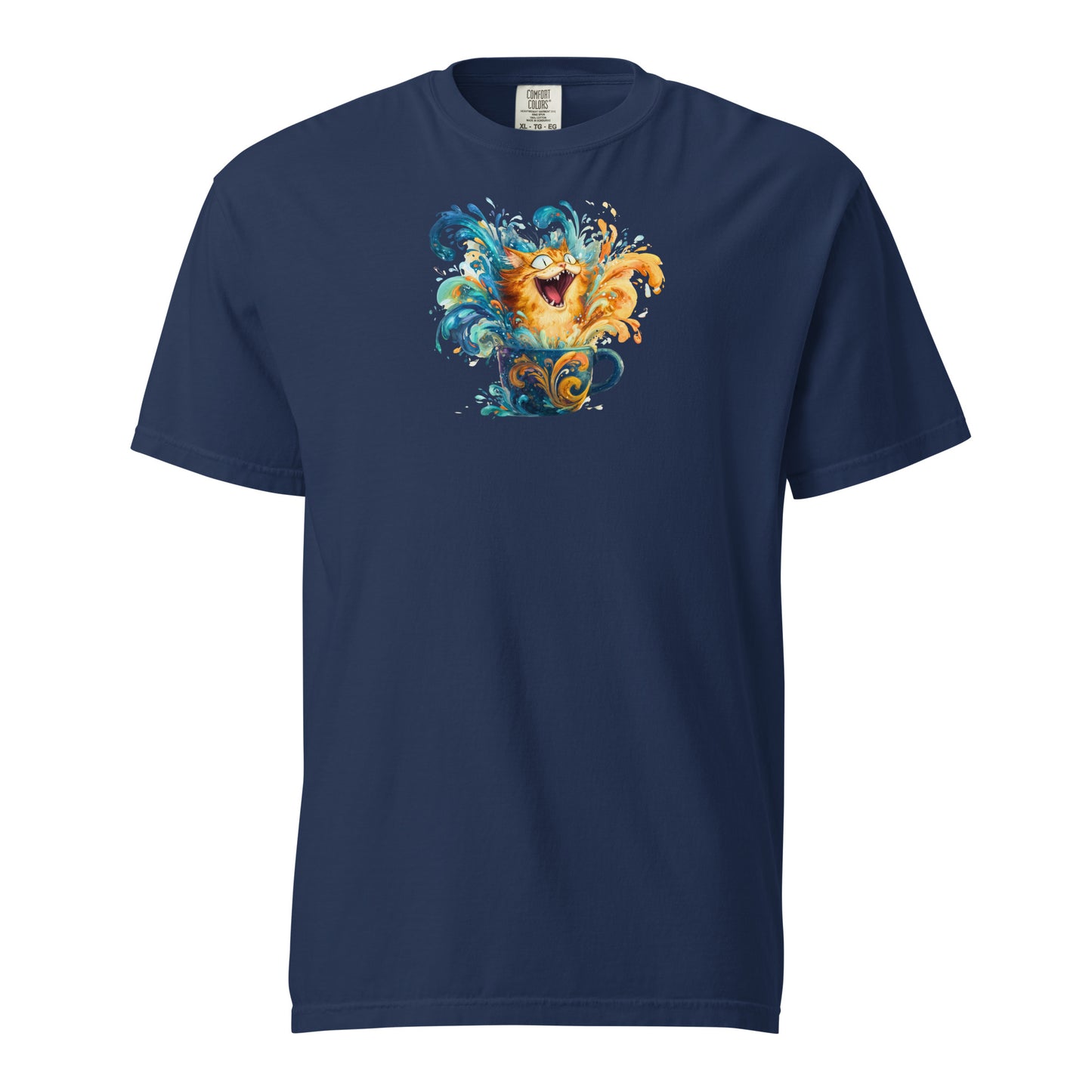Navy t-shirt with a ginger tabby bursting through a spray of bright blue and orange colors of chaos in a mug.