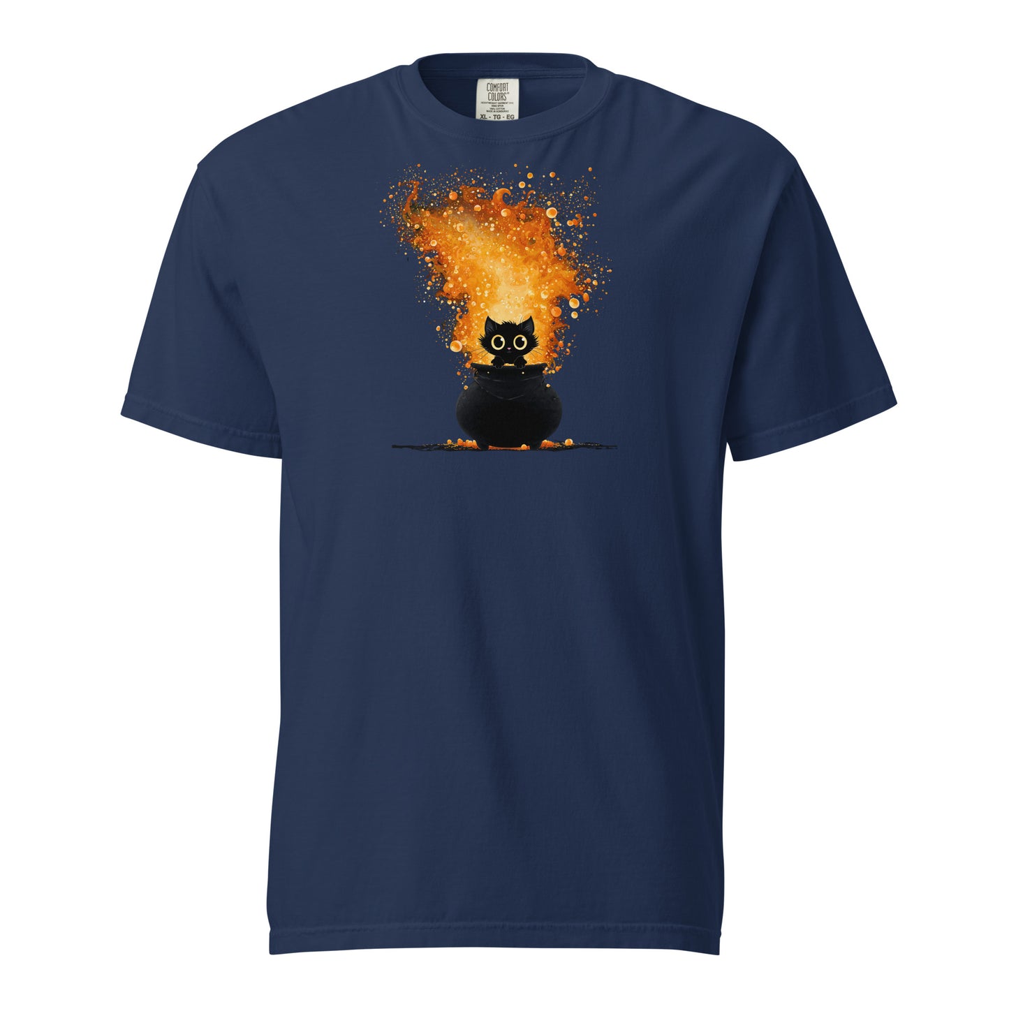 A Navy T-shirt with a black kitten sitting in a caldron of a bright orange and yellow fire. 